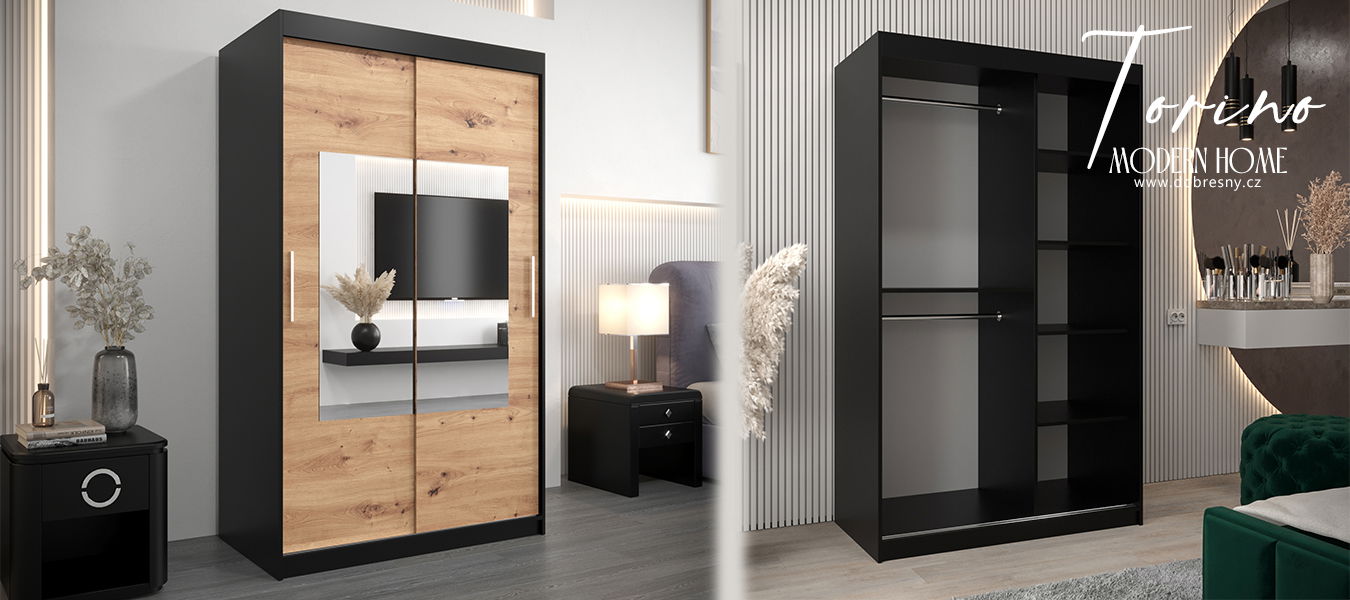 Šatníková skriňa s posuvnými dverami a zrkadlom TORINO 120cm čierná / artisan