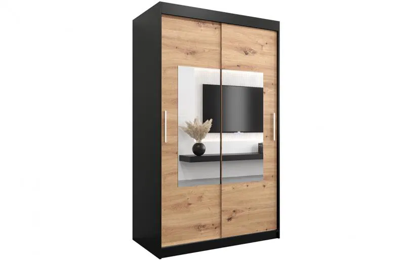 Šatní skřín s posuvnými dveřmi a zrcadlem TORINO 120cm černá / artisan