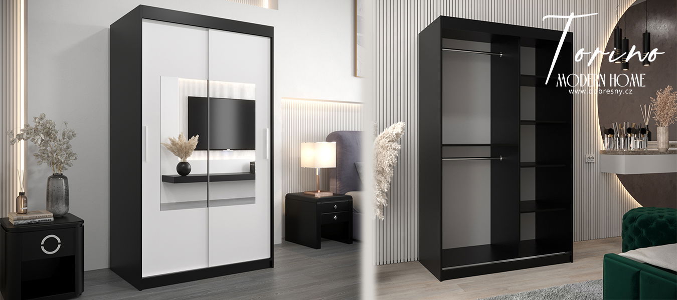Šatníková skriňa s posuvnými dverami a zrkadlom TORINO 120cm čierná / biela