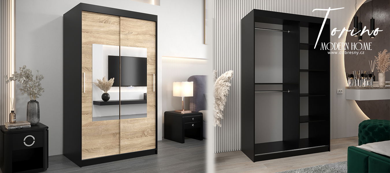 Šatníková skriňa s posuvnými dverami a zrkadlom TORINO 120cm čierná / sonoma