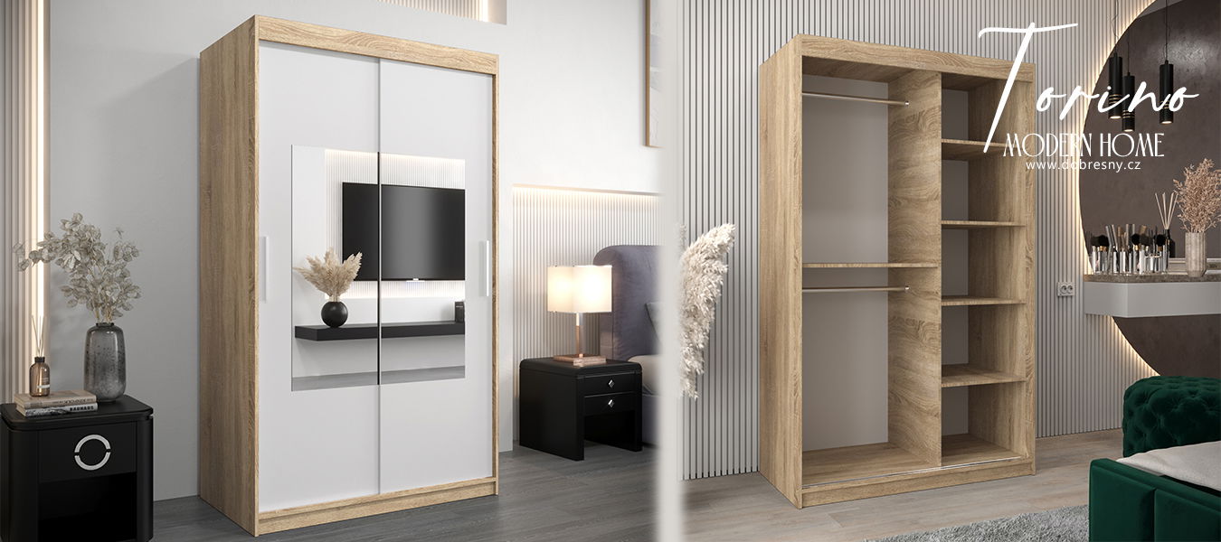 Šatníková skriňa s posuvnými dverami a zrkadlom TORINO 120cm sonoma / biela