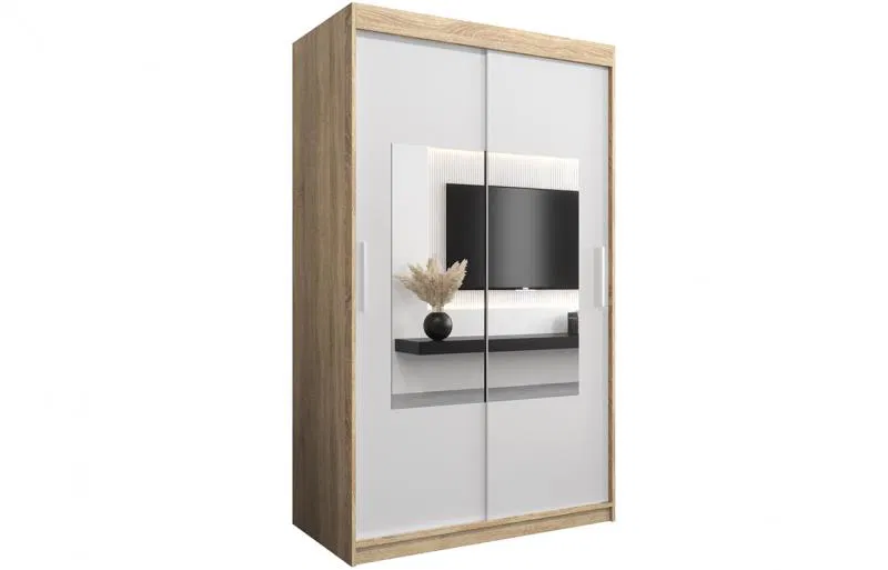 Šatní skřín s posuvnými dveřmi a zrcadlem TORINO 120cm sonoma / bílá