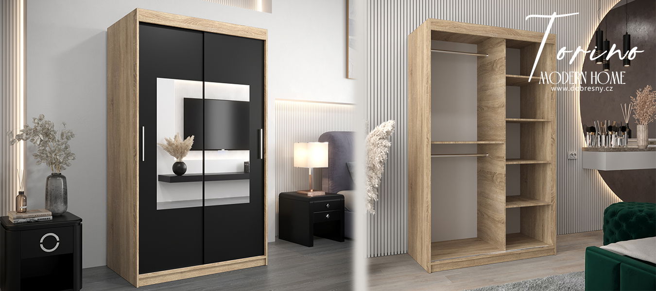 Šatníková skriňa s posuvnými dverami a zrkadlom TORINO 120cm sonoma / čierná