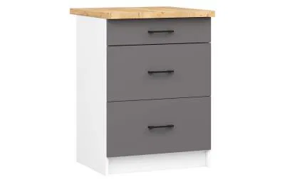 Kuchyňská skříňka OLIVIA, 3 zásuvky – 60 cm | Bílá / Šedý grafit / Dub Craft