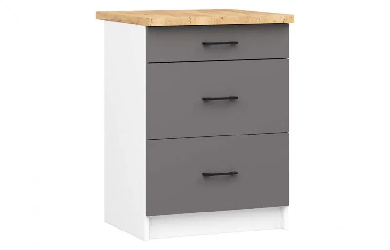 Kuchyňská skříňka OLIVIA, 3 zásuvky – 60 cm | Bílá / Šedý grafit / Dub Craft