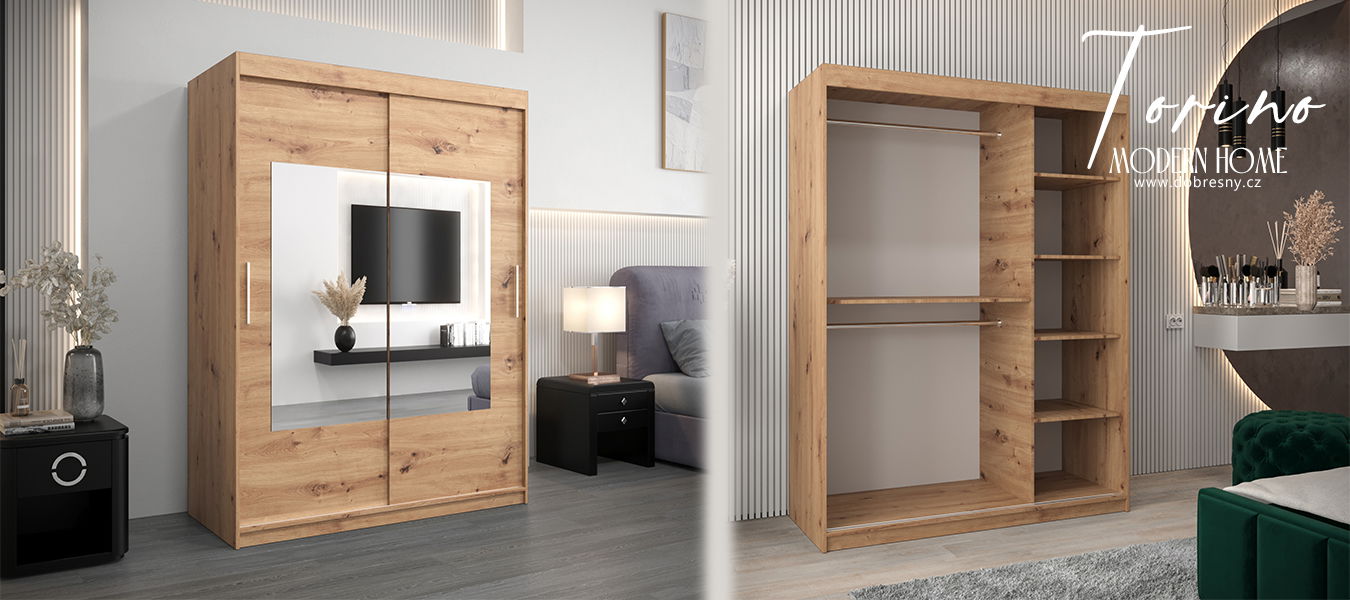 Šatníková skriňa s posuvnými dverami a zrkadlom TORINO 150cm artisan