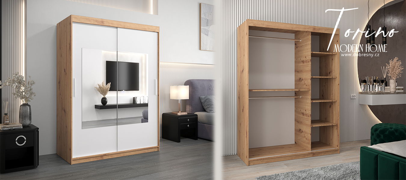 Šatníková skriňa s posuvnými dverami a zrkadlom TORINO 150cm artisan / biela