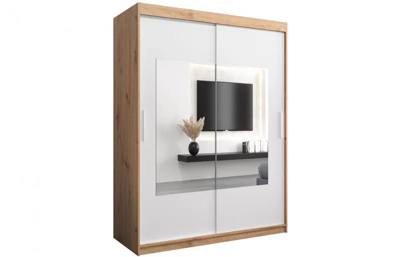 Šatní skřín s posuvnými dveřmi a zrcadlem TORINO 150cm artisan / bílá