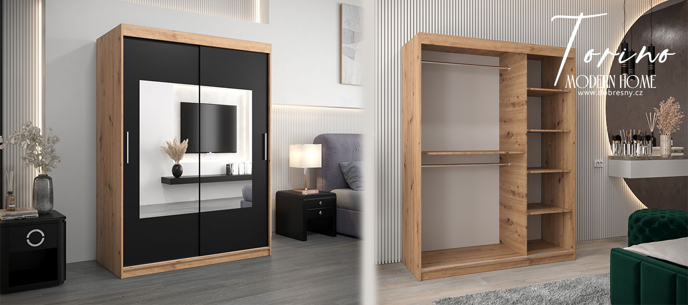 Šatníková skriňa s posuvnými dverami a zrkadlom TORINO 150cm artisan / čierná
