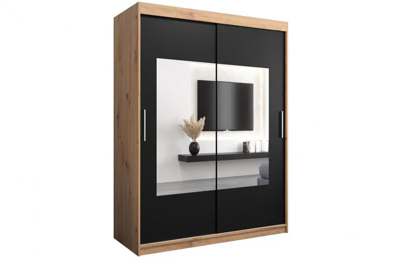 Šatní skřín s posuvnými dveřmi a zrcadlem TORINO 150cm artisan / černá
