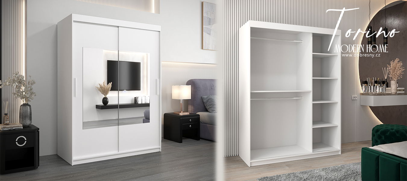 Šatníková skriňa s posuvnými dverami a zrkadlom TORINO 150cm biela
