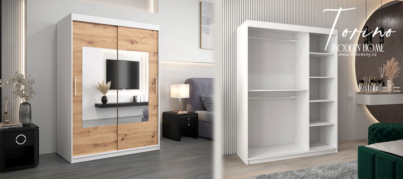 Šatníková skriňa s posuvnými dverami a zrkadlom TORINO 150cm biela / artisan