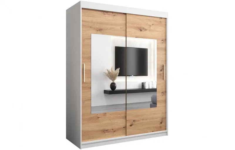 Šatní skřín s posuvnými dveřmi a zrcadlem TORINO 150cm bílá / artisan
