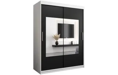 Šatní skřín s posuvnými dveřmi a zrcadlem TORINO 150cm bílá / černá