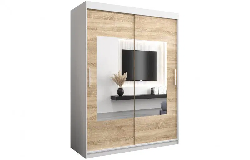Šatní skřín s posuvnými dveřmi a zrcadlem TORINO 150cm bílá / sonoma
