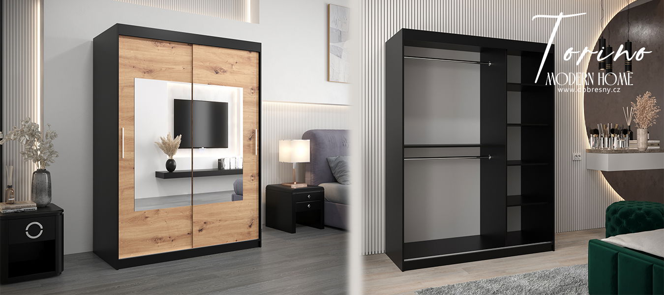 Šatníková skriňa s posuvnými dverami a zrkadlom TORINO 150cm čierná / artisan