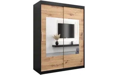 Šatní skřín s posuvnými dveřmi a zrcadlem TORINO 150cm černá / artisan