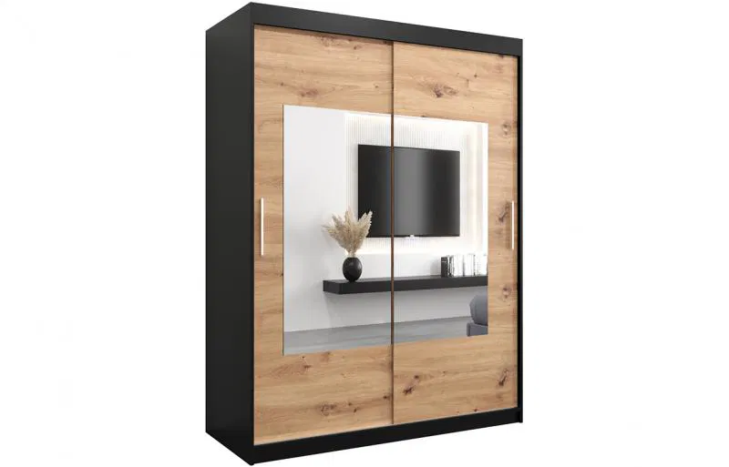 Šatní skřín s posuvnými dveřmi a zrcadlem TORINO 150cm černá / artisan