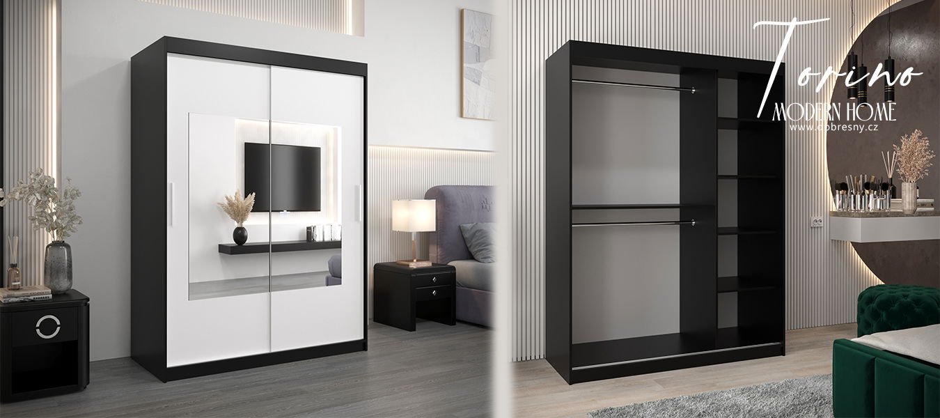 Šatníková skriňa s posuvnými dverami a zrkadlom TORINO 150cm čierná / biela