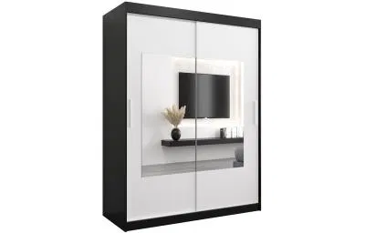 Šatní skřín s posuvnými dveřmi a zrcadlem TORINO 150cm černá / bílá