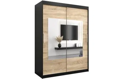 Šatní skřín s posuvnými dveřmi a zrcadlem TORINO 150cm černá / sonoma