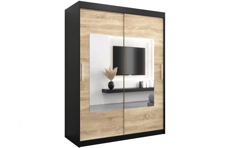 Šatní skřín s posuvnými dveřmi a zrcadlem TORINO 150cm černá / sonoma