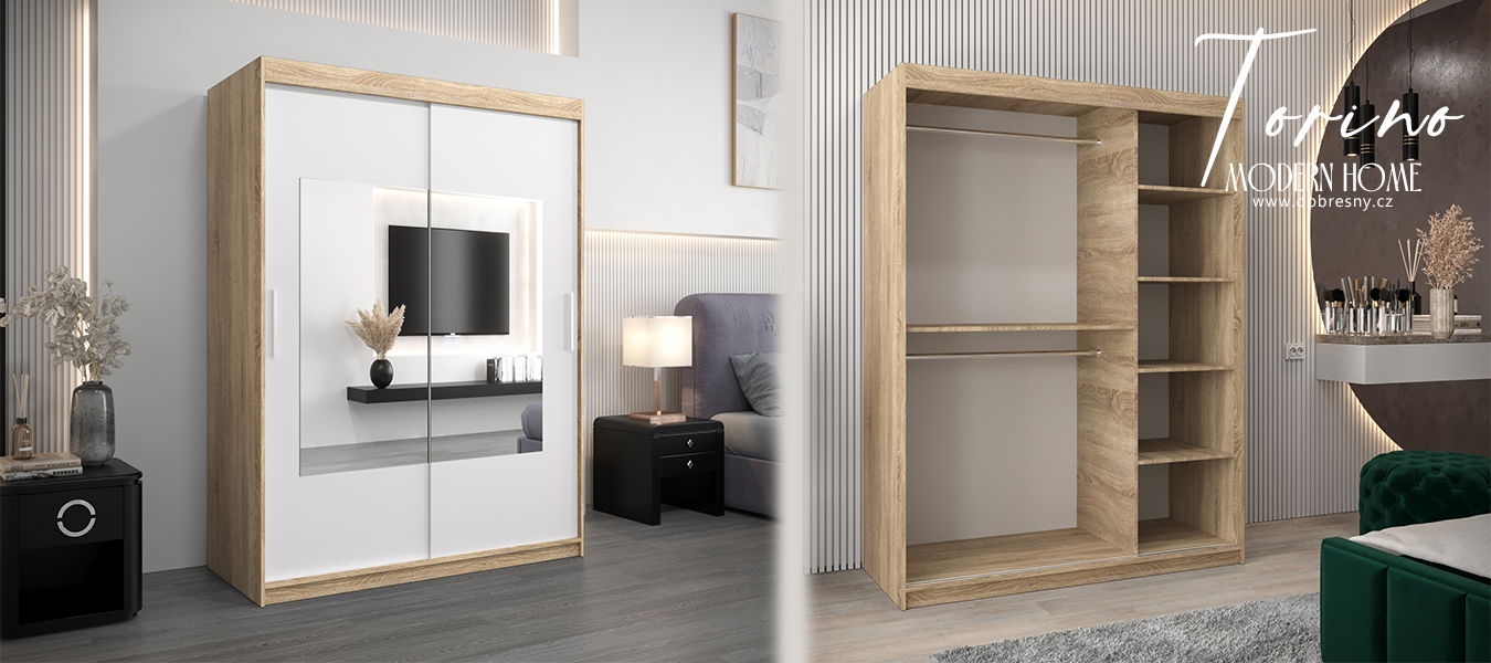 Šatníková skriňa s posuvnými dverami a zrkadlom TORINO 150cm sonoma / biela