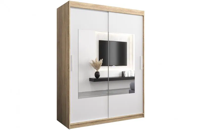 Šatní skřín s posuvnými dveřmi a zrcadlem TORINO 150cm sonoma / bílá