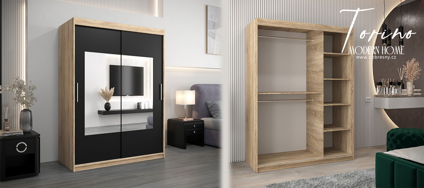 Šatníková skriňa s posuvnými dverami a zrkadlom TORINO 150cm sonoma / čierná