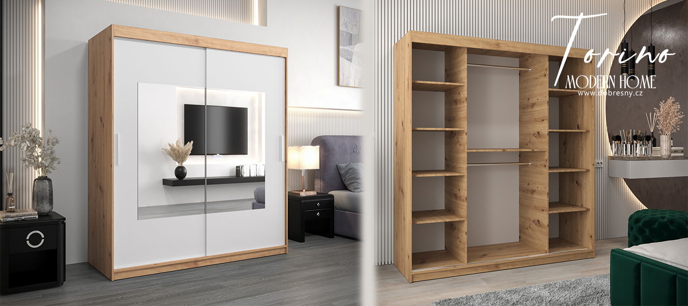 Šatníková skriňa s posuvnými dverami a zrkadlom TORINO 180cm artisan / biela