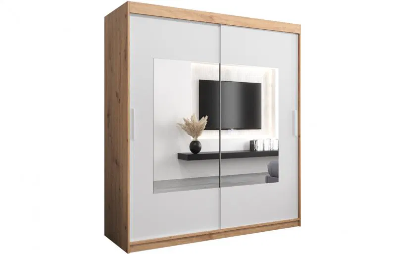 Šatní skřín s posuvnými dveřmi a zrcadlem TORINO 180cm artisan / bílá