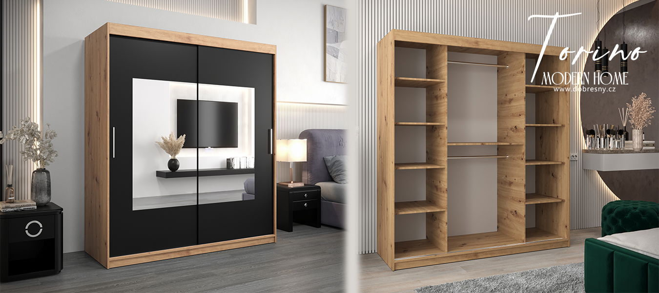 Šatníková skriňa s posuvnými dverami a zrkadlom TORINO 180cm artisan / czarna