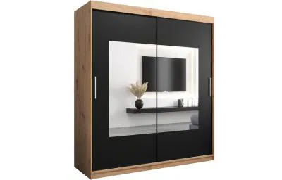 Šatní skřín s posuvnými dveřmi a zrcadlem TORINO 180cm artisan / černá