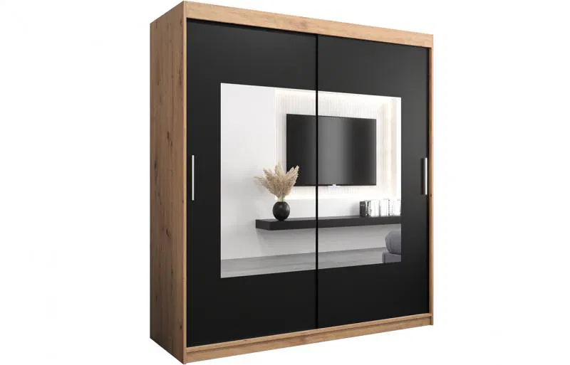 Šatní skřín s posuvnými dveřmi a zrcadlem TORINO 180cm artisan / černá