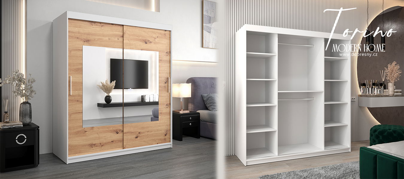 Šatníková skriňa s posuvnými dverami a zrkadlom TORINO 180cm biela / artisan