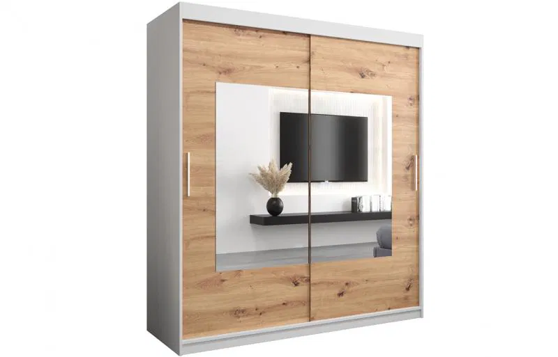 Šatní skřín s posuvnými dveřmi a zrcadlem TORINO 180cm bílá / artisan