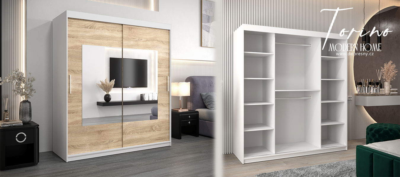 Šatníková skriňa s posuvnými dverami a zrkadlom TORINO 180cm biela / sonoma