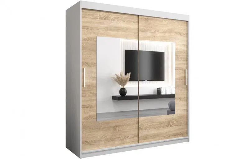 Šatní skřín s posuvnými dveřmi a zrcadlem TORINO 180cm bílá / sonoma