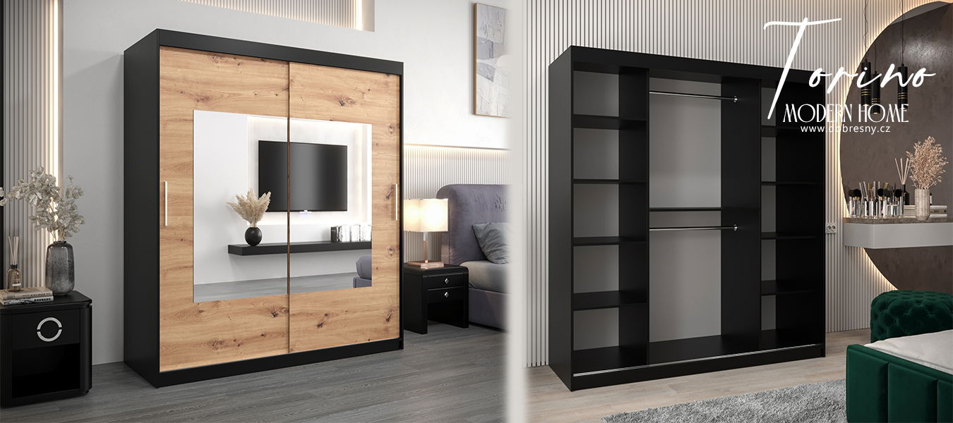 Šatníková skriňa s posuvnými dverami a zrkadlom TORINO 180cm čierná / artisan
