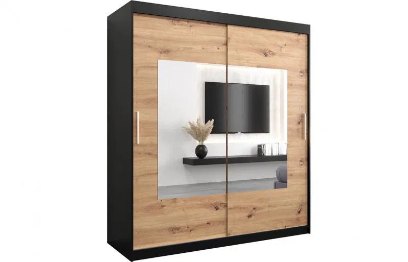 Šatní skřín s posuvnými dveřmi a zrcadlem TORINO 180cm černá / artisan