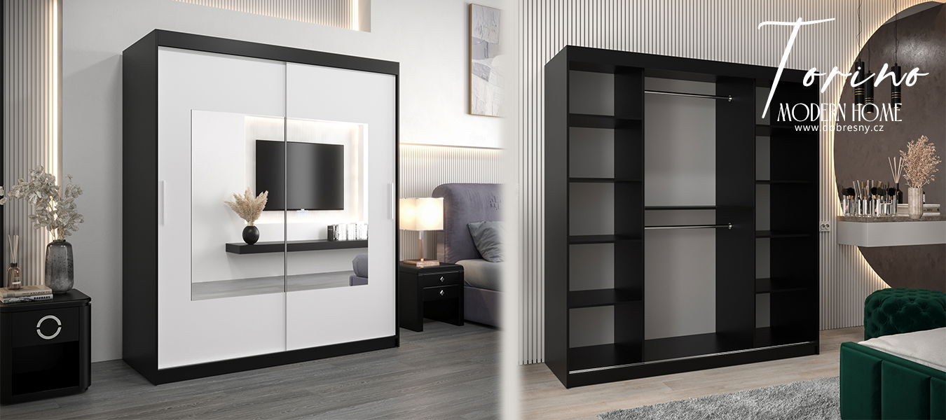 Šatníková skriňa s posuvnými dverami a zrkadlom TORINO 180cm čierná / biela