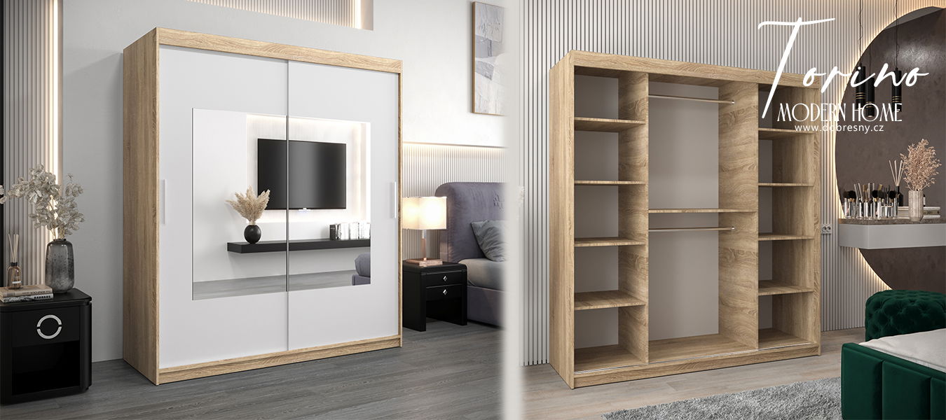 Šatníková skriňa s posuvnými dverami a zrkadlom TORINO 180cm sonoma / biela
