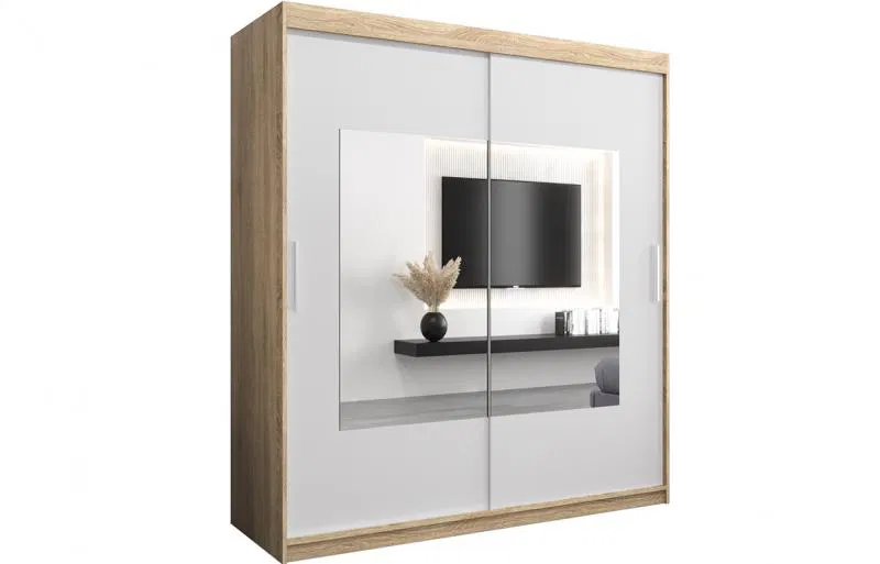 Šatní skřín s posuvnými dveřmi a zrcadlem TORINO 180cm sonoma / bílá