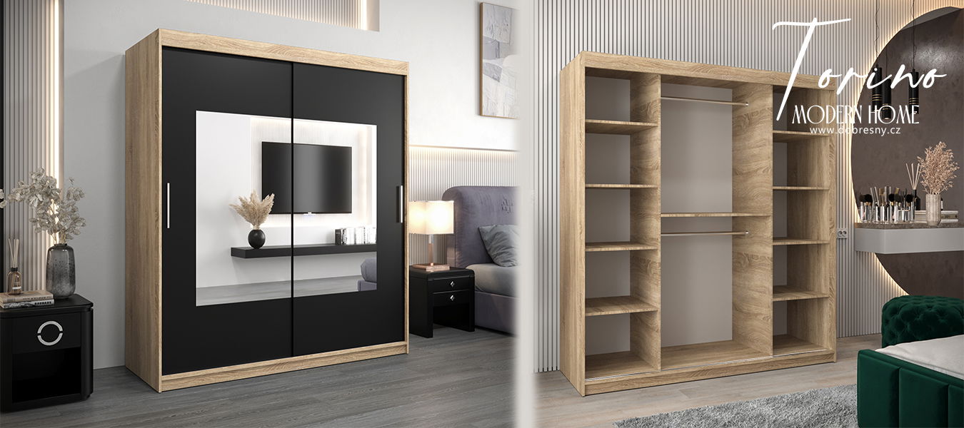 Šatníková skriňa s posuvnými dverami a zrkadlom TORINO 180cm sonoma / čierná