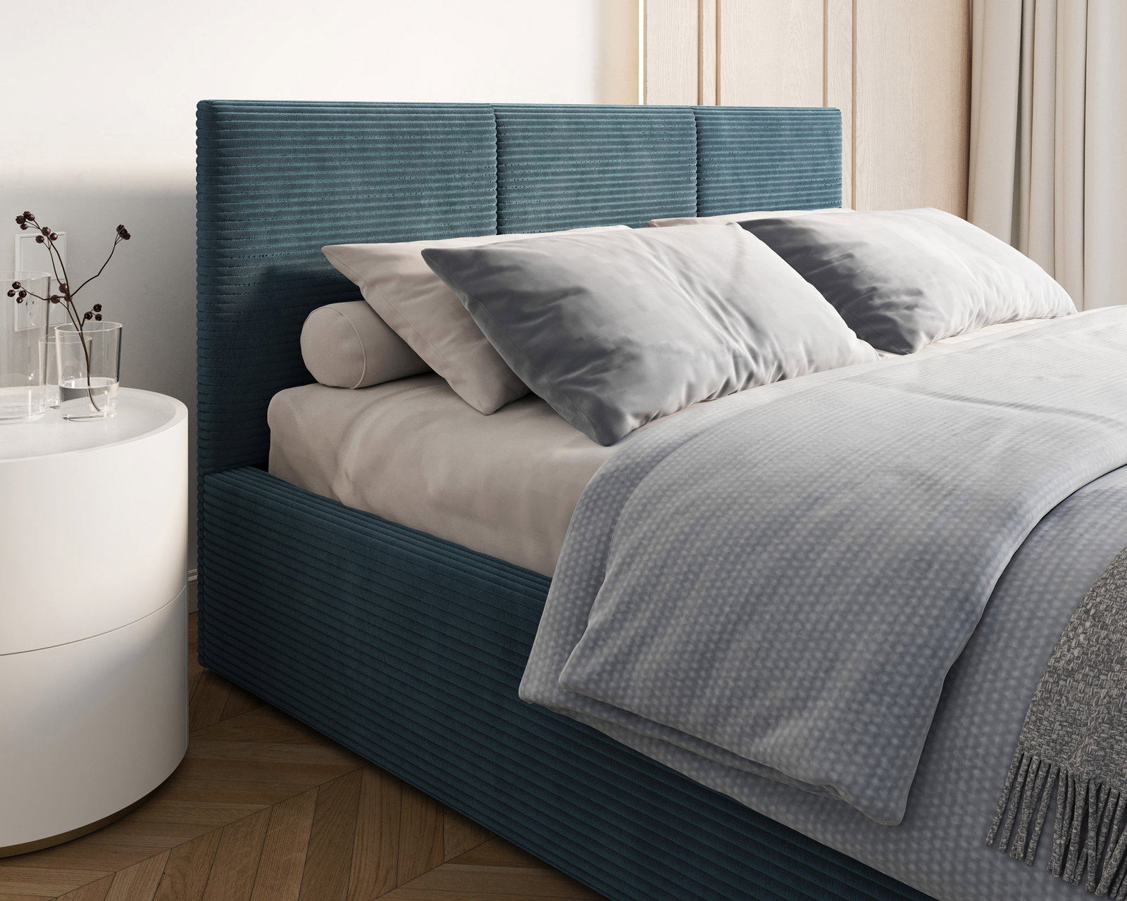 Čalúnená posteľ FRESIA 90x200 s kovovým zdvižným roštom MODRÁ SZTRUKS