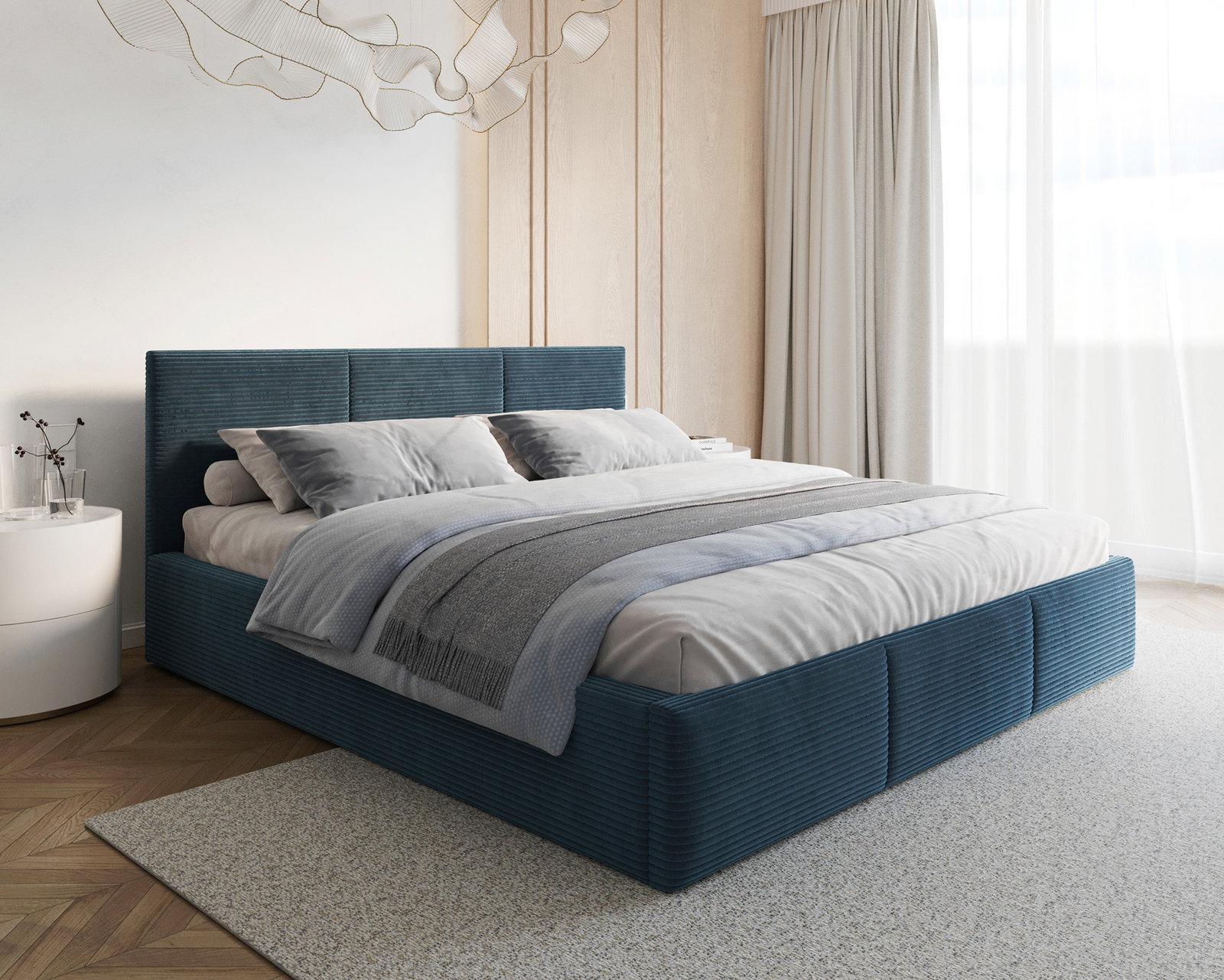 Čalúnená posteľ FRESIA 140x200 s kovovým zdvižným roštom MODRÁ SZTRUKS