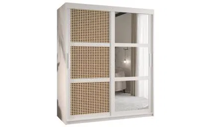 Šatní skřín s posuvnými dveřmi, zrcadlem a vzorem vídeňského výpletu - 150cm Bílá