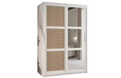 Šatní skřín s posuvnými dveřmi, zrcadlem a vzorem vídeňského výpletu - 120cm Bílá