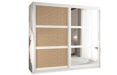 Šatní skřín s posuvnými dveřmi, zrcadlem a vzorem vídeňského výpletu - 200cm Bílá
