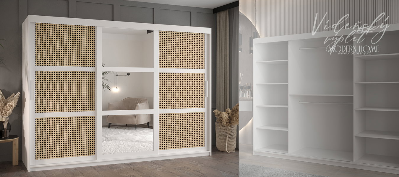 Šatníková skriňa s posuvnými dverami s Viedenským výpletom a zrcadlom 250cm Biela